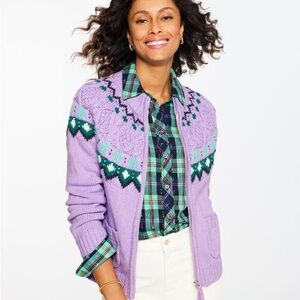 Talbots Purple Cable Knit Fair Isle Zip Up Cardigan Size MP Cotton